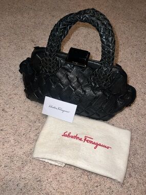 Salvatore Ferragamo Black Woven Lambskin Leather Satchel with Braided Handles